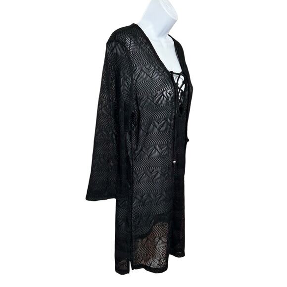 APT. 9 Black Sheer Swimsuit Cover-Up Dress Sz Small Laced Up V-Neck 3/4 Sleeves - Picture 3 of 7